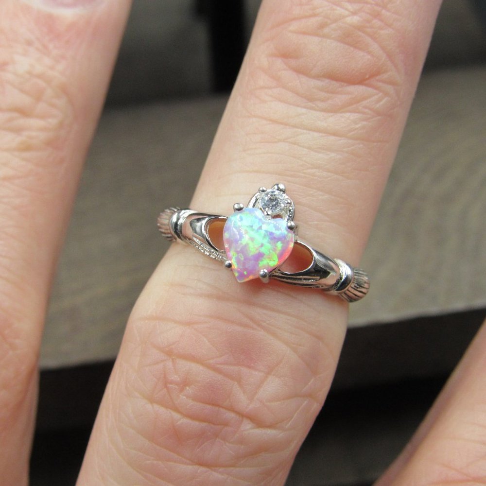 Size 6.25 Sterling Silver Lab Opal Heart And CZ Claddagh Band Ring - Picture 2 of 5